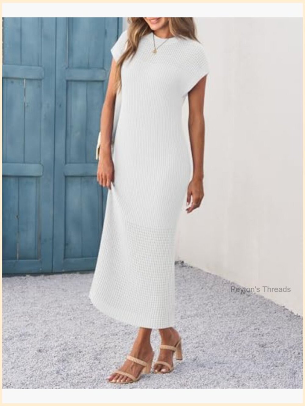 Ribbed Knit Maxi Dress Cap Sleeve Crewneck Casual Summer Beach Dress - Picture 2 of 7